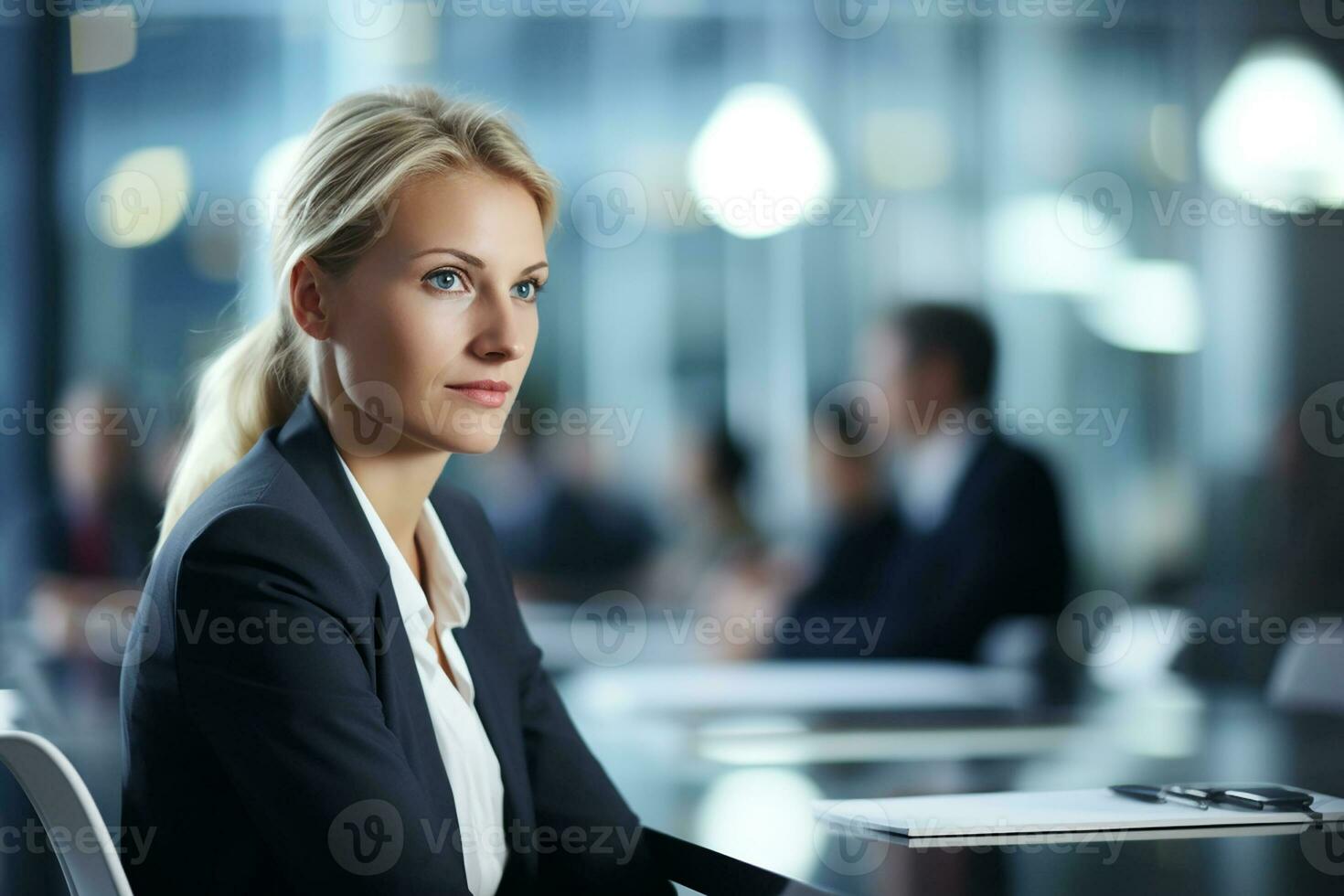 ai generiert Porträt von erfolgreich und glücklich Geschäftsfrau, Büro Arbeiter lächelnd und suchen beim Kamera, Arbeiten Innerhalb modern Büro. foto