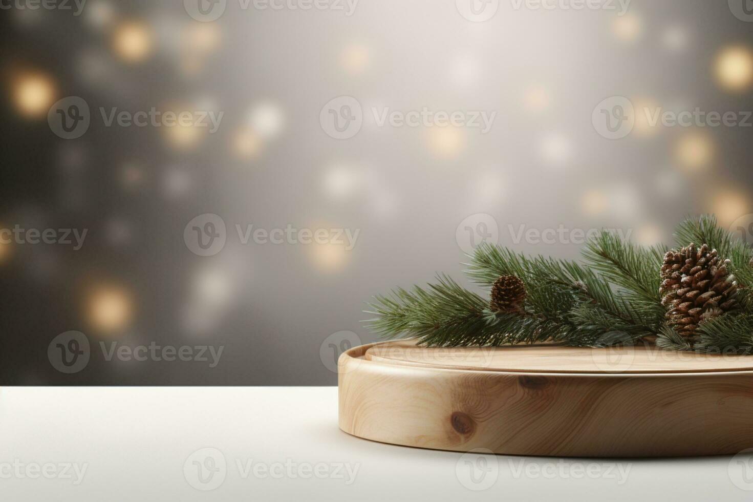 ai generiert Weihnachten Thema hölzern Podium Sockel oder Plattform Hintergrund mit Bokeh Licht und Kiefer Baum foto