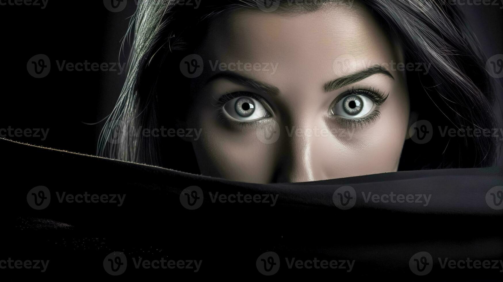 ai generiert heftig Augen von ein Frau spähen Über ein dunkel Rand. foto