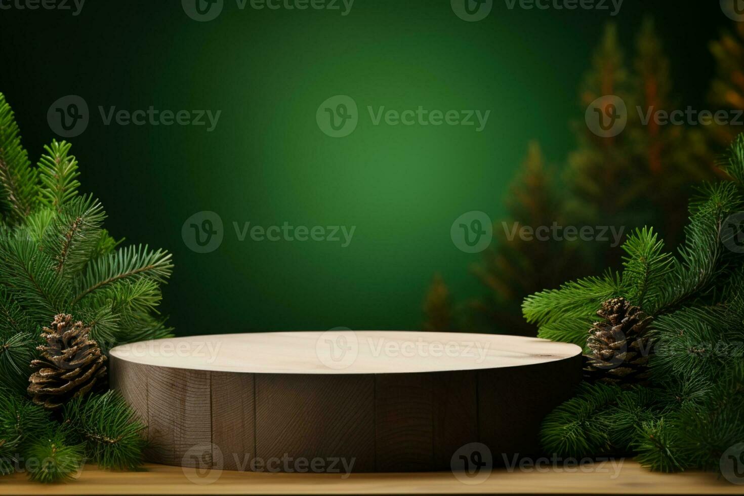 ai generiert Weihnachten elegant und natürlich Podium mit Baum Bühne Anzeige Attrappe, Lehrmodell, Simulation mit Lichtzweige von Fichte Kiefer foto