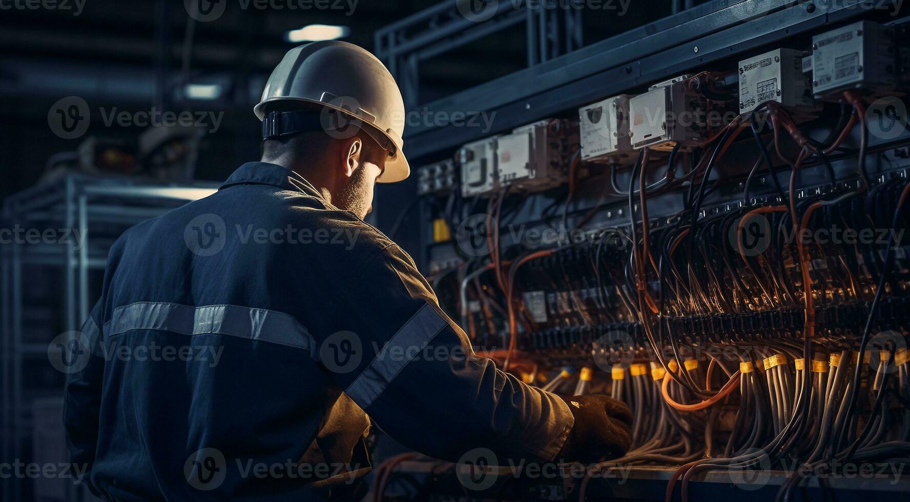 ai generiert Elektriker Arbeiten im ein Fabrik, Arbeiter mit Helm, elektrisch Arbeiter im Aktion foto