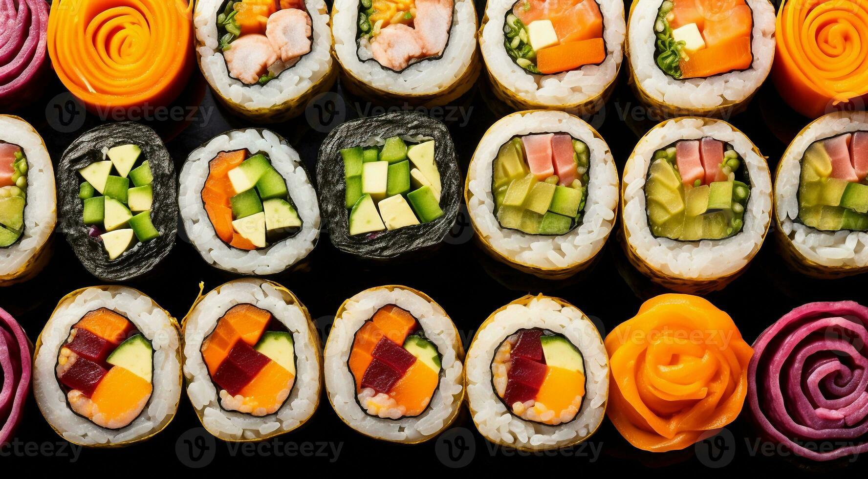 ai generiert Nahansicht von Sushi Rollen auf das Tisch, Sushi Rollen Satz, Sushi Hintergrund, einstellen von Sushi Rollen, Meeresfrüchte Satz, entworfen Shushi Rollen foto