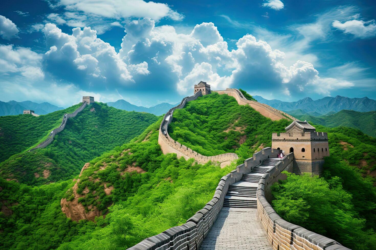 ai generiert majestätisch großartig Mauer von China in der Nähe von Peking im ein schön Sommer- Tag, ai generiert foto
