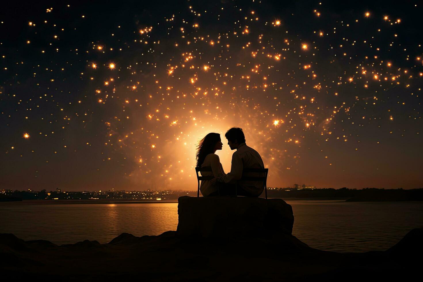 ai generiert Silhouette von jung liebend Paar Sitzung auf Bank und suchen beim Feuerwerk, ai generiert foto
