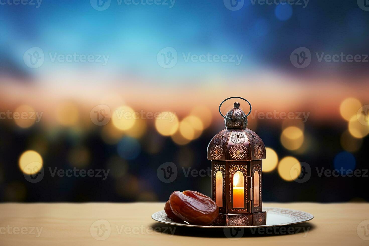 ai generiert Laterne mit Dämmerung Himmel und Stadt Bokeh Licht Hintergrund foto