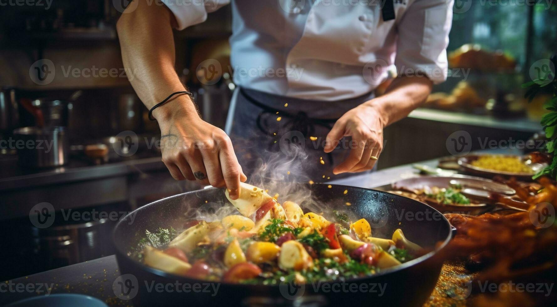 ai generiert Koch vorbereiten Essen, Nahansicht von Koch Kochen Fleisch im das Küche, Koch Kochen köstlich Lebensmittel im das Küche, Mann im das Küche, Kochen Mann Nahansicht foto