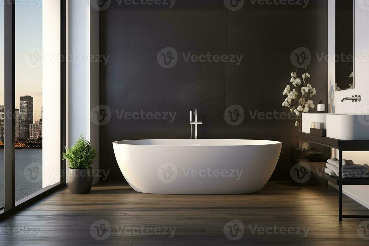 ai generiert 3d gerendert minimal Stil schwarz Thema modern Badezimmer Innere Design mit Badewanne foto