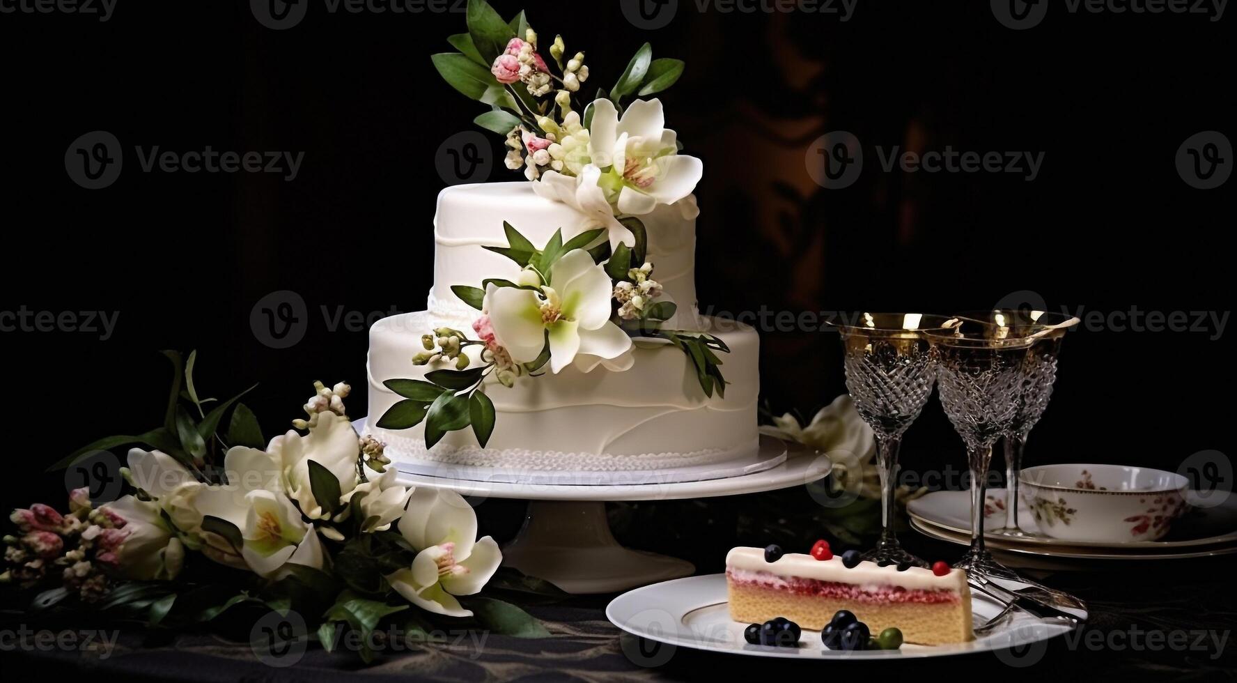 ai generiert köstlich Kuchen mit Schokolade und Beeren auf das Tabelle foto