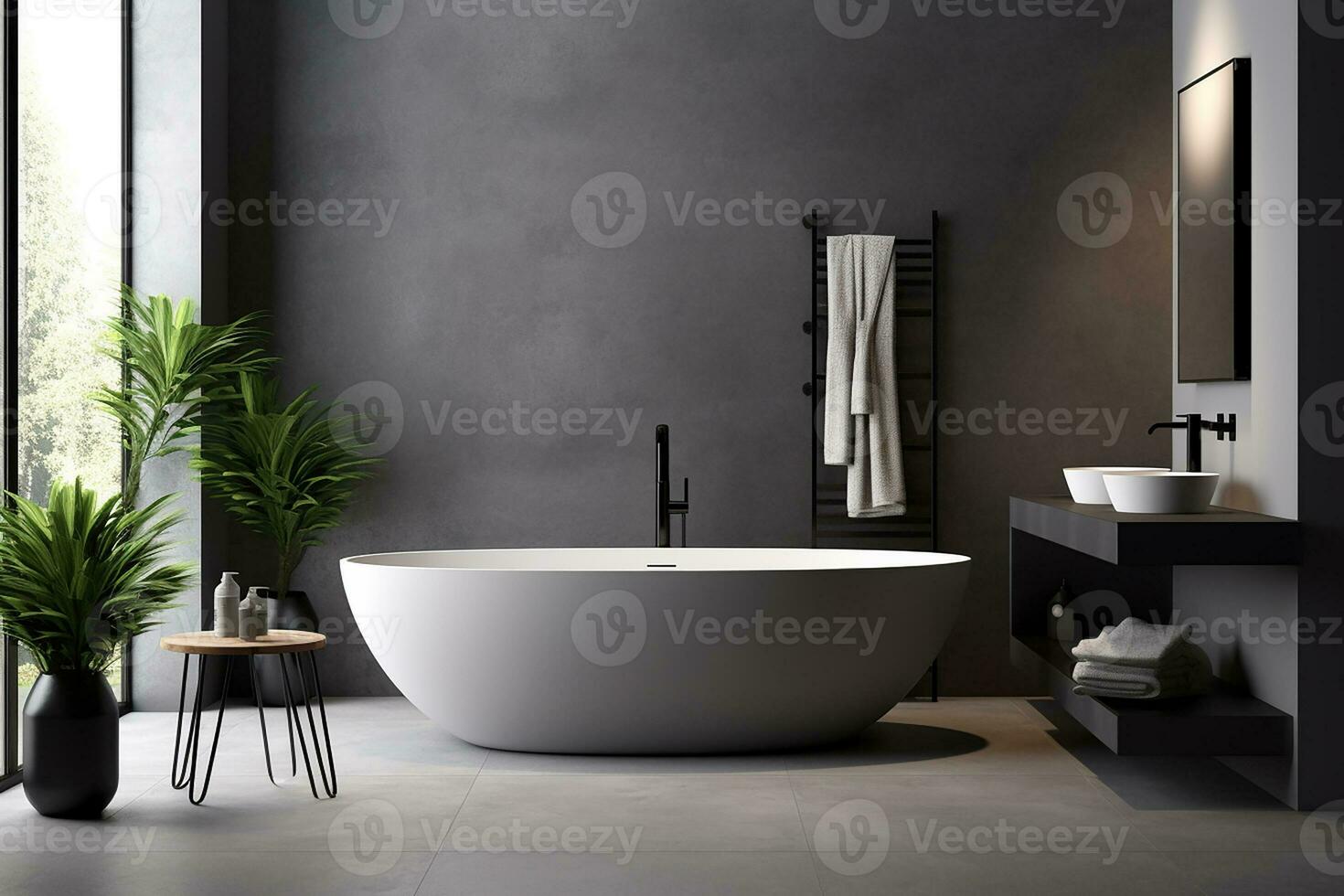 ai generiert 3d gerendert minimal Stil schwarz Thema modern Badezimmer Innere Design mit Badewanne foto