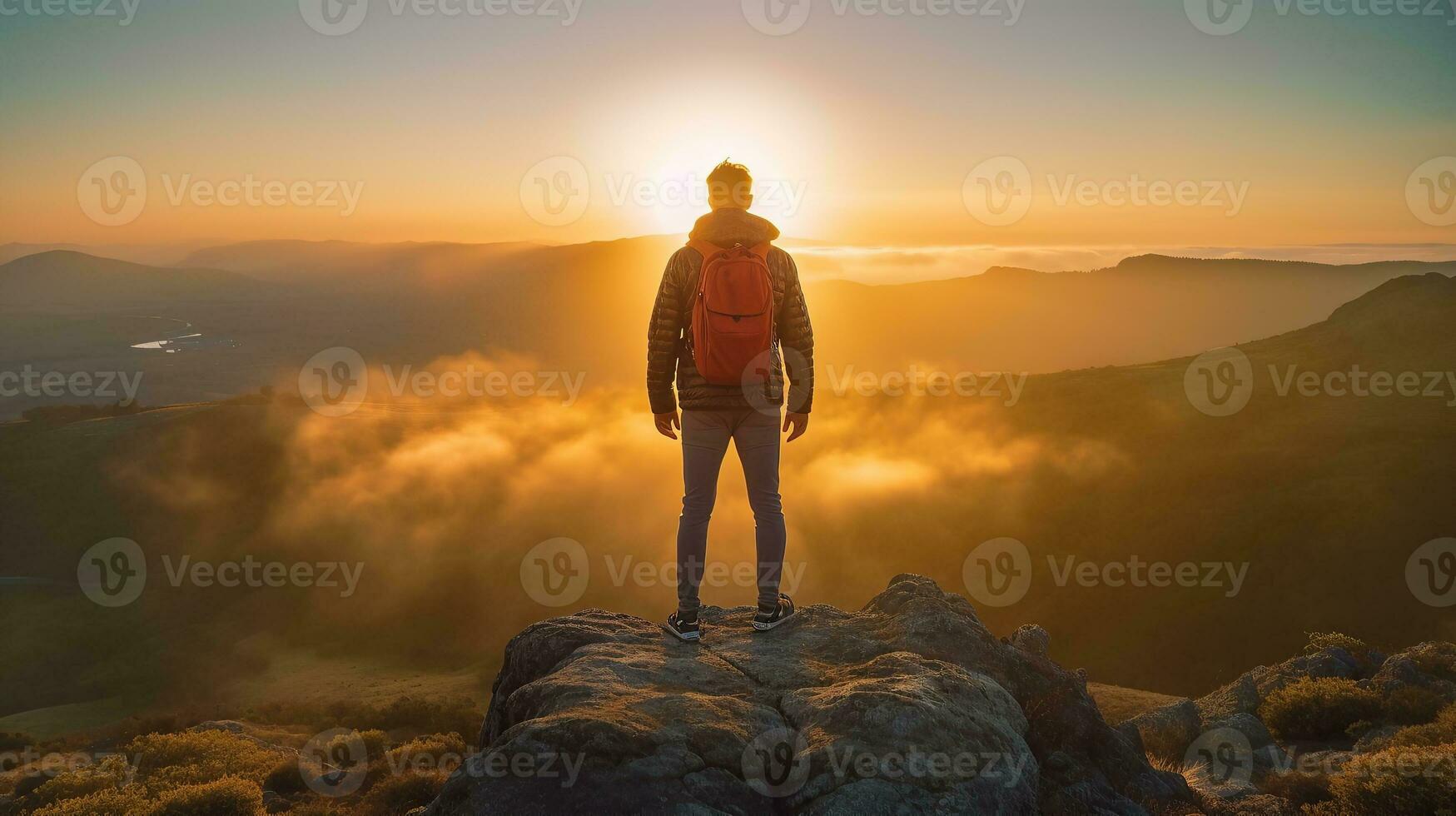 Mann Stehen auf oben von Cliff beim Sonnenuntergang , zurück Aussicht oder Nein Gesicht generativ ai foto