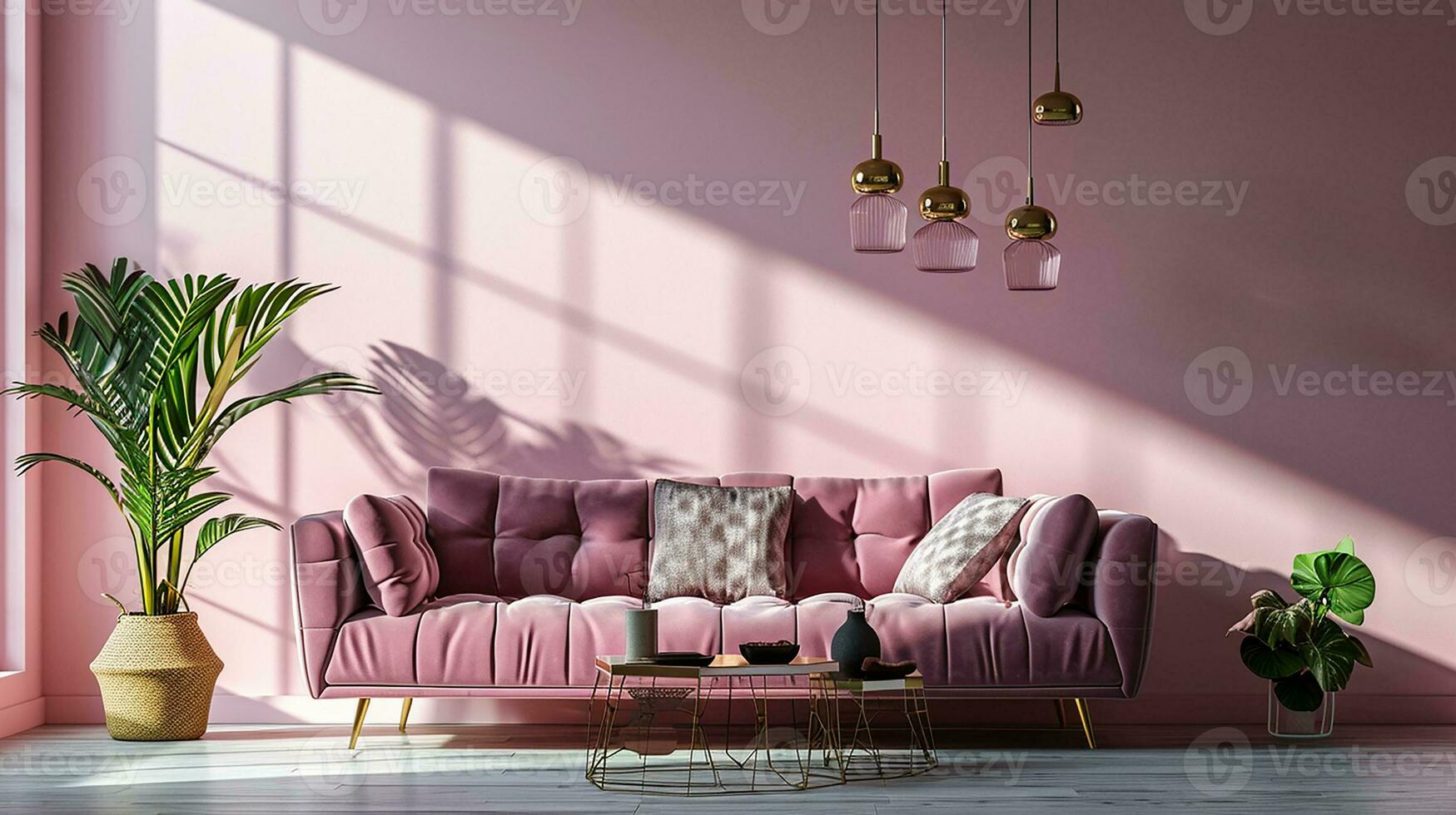 ai generiert Leben Zimmer Innere Design mit Sofa minimal ästhetisch Licht Rosa Samt 3d gerendert foto