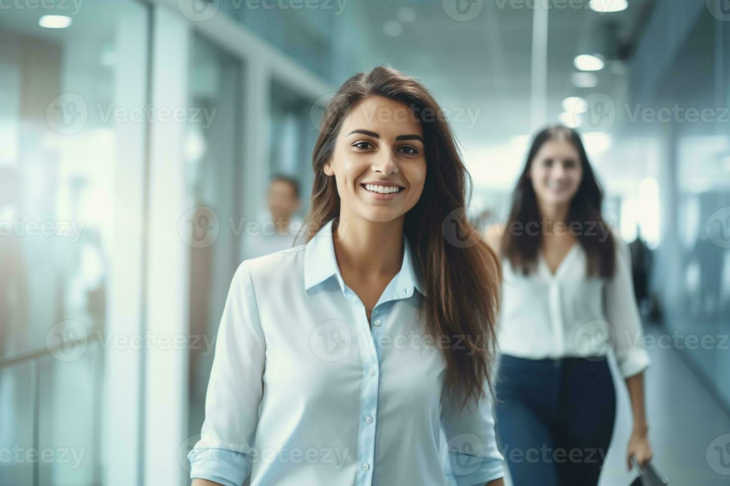 ai generiert Porträt von erfolgreich und glücklich Geschäftsfrau, Büro Arbeiter lächelnd und suchen beim Kamera, Arbeiten Innerhalb modern Büro. foto