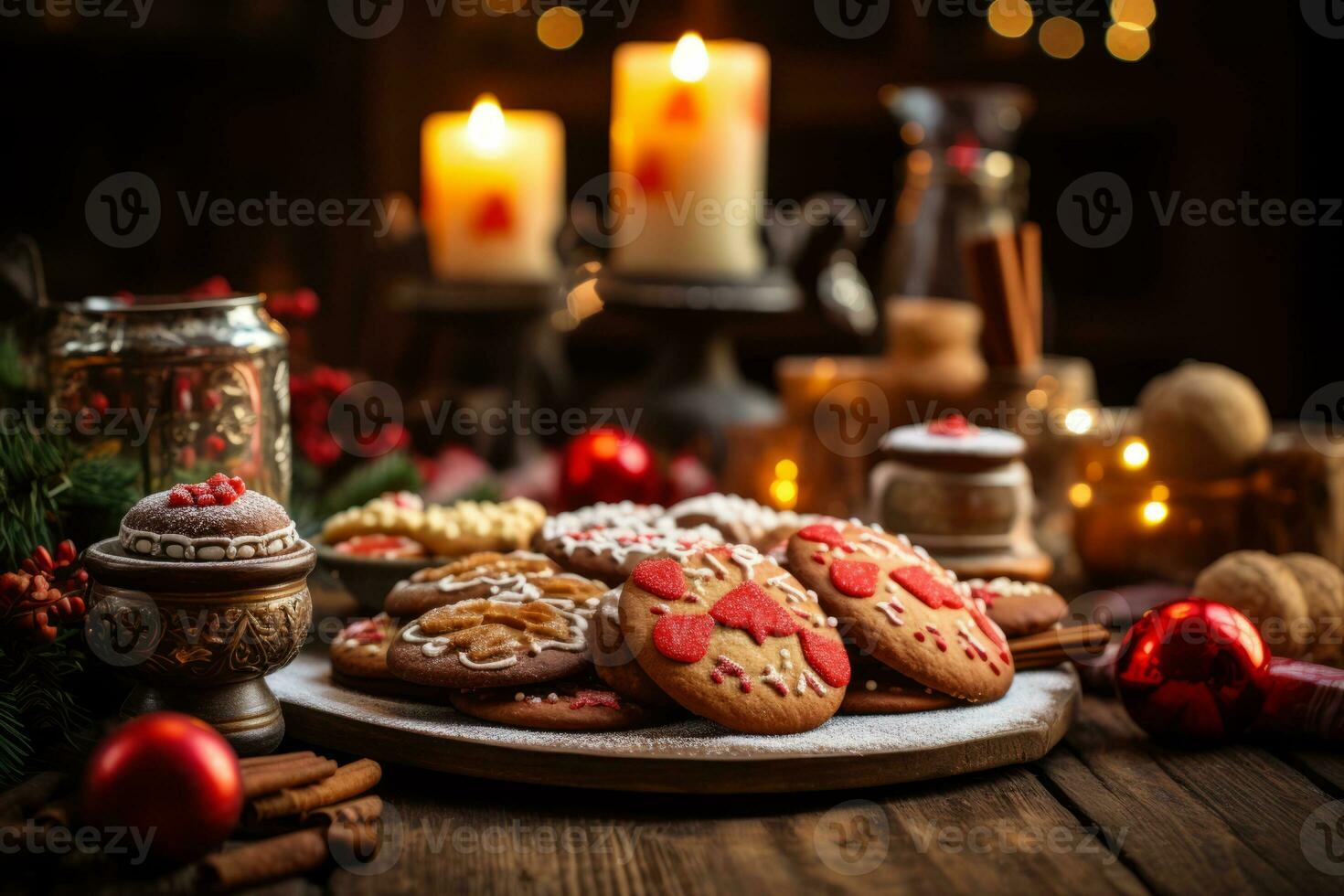 ai generiert Nahansicht Foto von traditionell Heilige Nikolaus Tag Leckereien mögen Lebkuchen und Marzipan, vereinbart worden festlich auf ein hölzern Tisch, warm und heimelig Ambiente