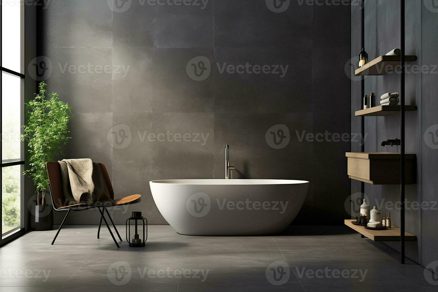 ai generiert 3d gerendert minimal Stil schwarz Thema modern Badezimmer Innere Design mit Badewanne foto