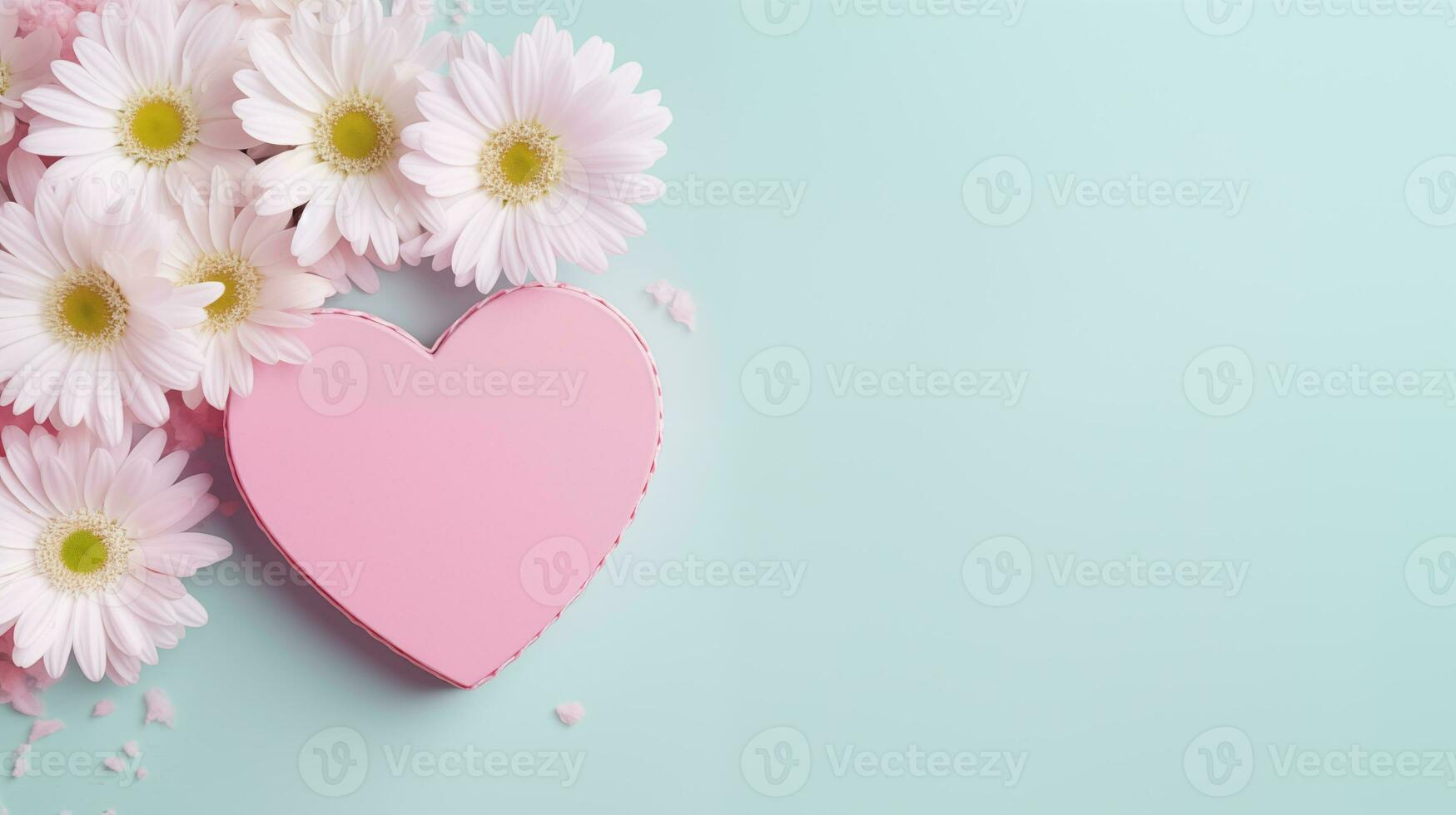 ai generiert Rosa Herz Geschenkbox und Weiß Gänseblümchen Blume, oben Sicht, Exemplar, Tageszeit, Pastell- Grün Hintergrund foto