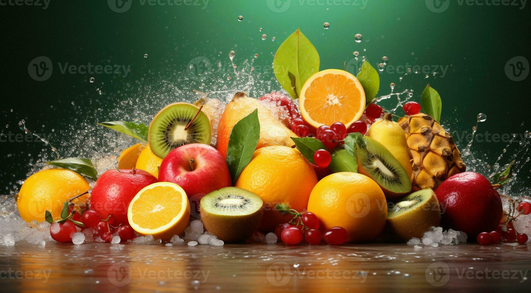 ai generiert köstlich farbig Früchte auf farbig Hintergrund, Hintergrund von Früchte, geschnitten Früchte auf abstrakt Hintergrund, Früchte Hintergrund foto
