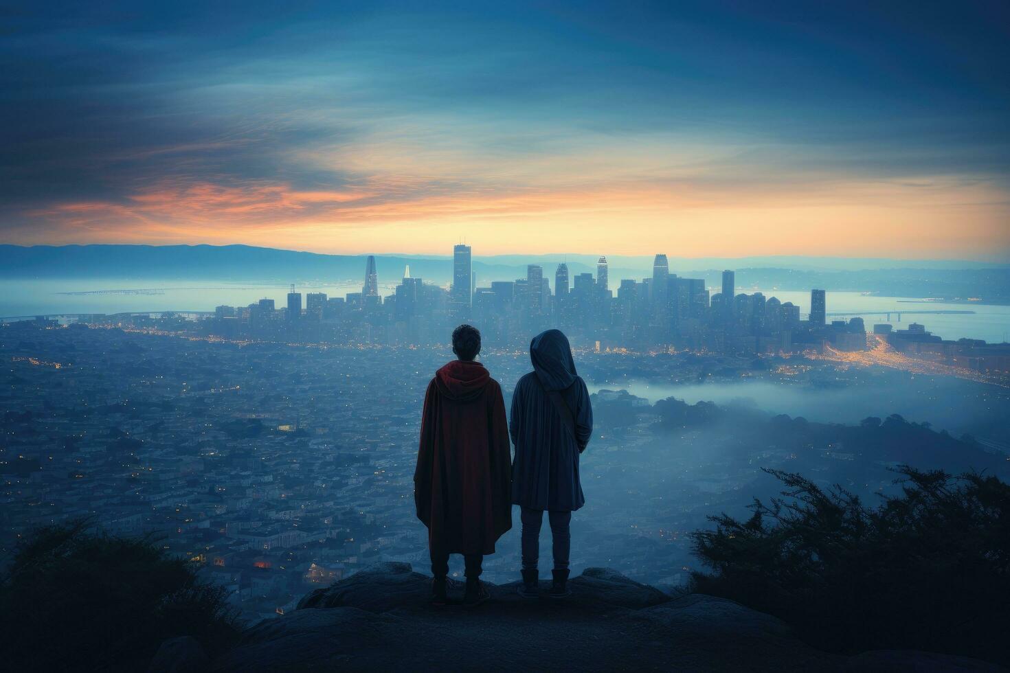 ai generiert Silhouette von zwei Frauen Stehen auf das oben von das Berg und suchen beim das Stadt, ein Paar bewundern das Stadt Horizont von ein Hügel, eingewickelt im jeder Andere Wärme, ai generiert foto