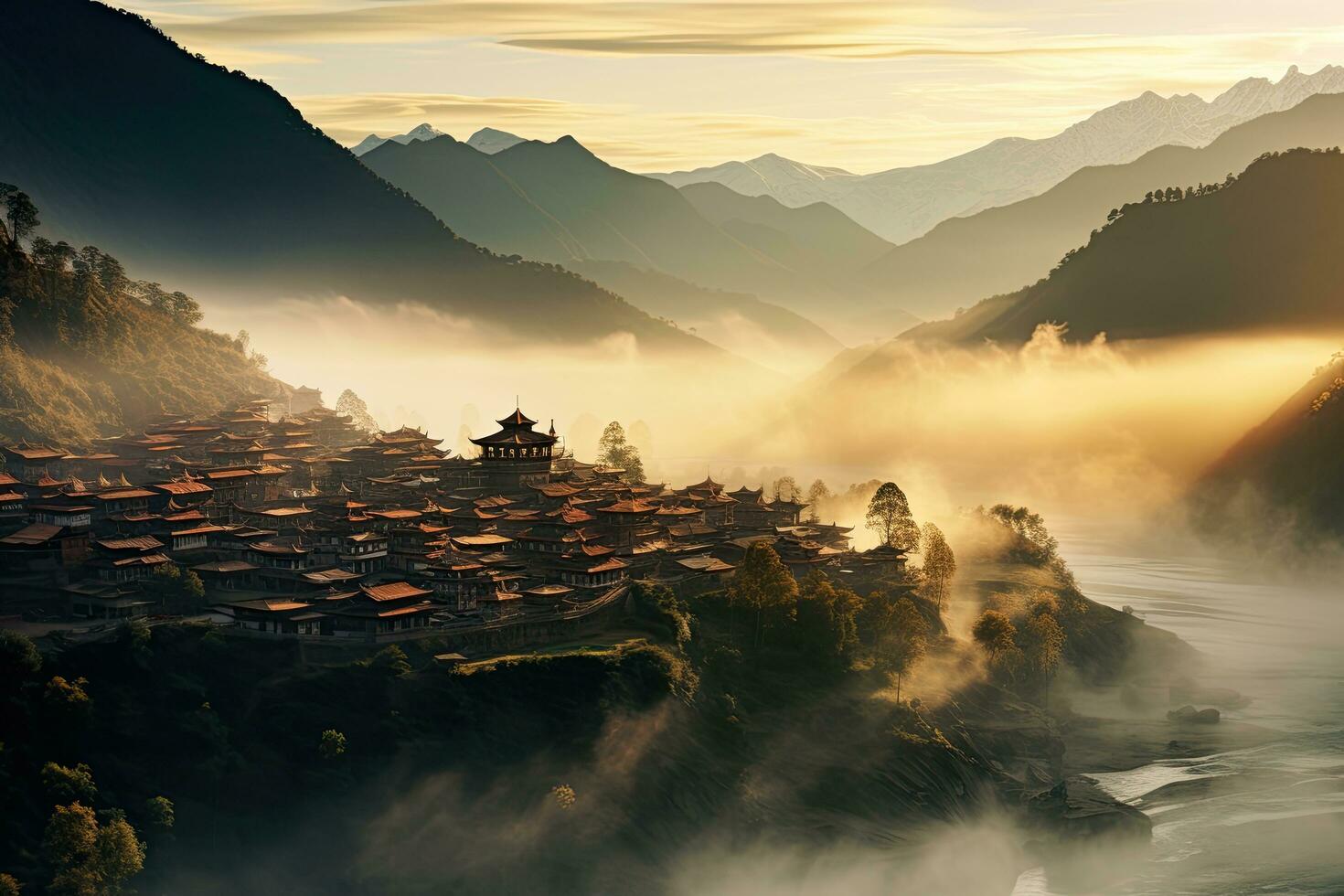 ai generiert Berg Dorf im das Nebel beim Sonnenaufgang. schön natürlich Landschaft, ai generiert foto
