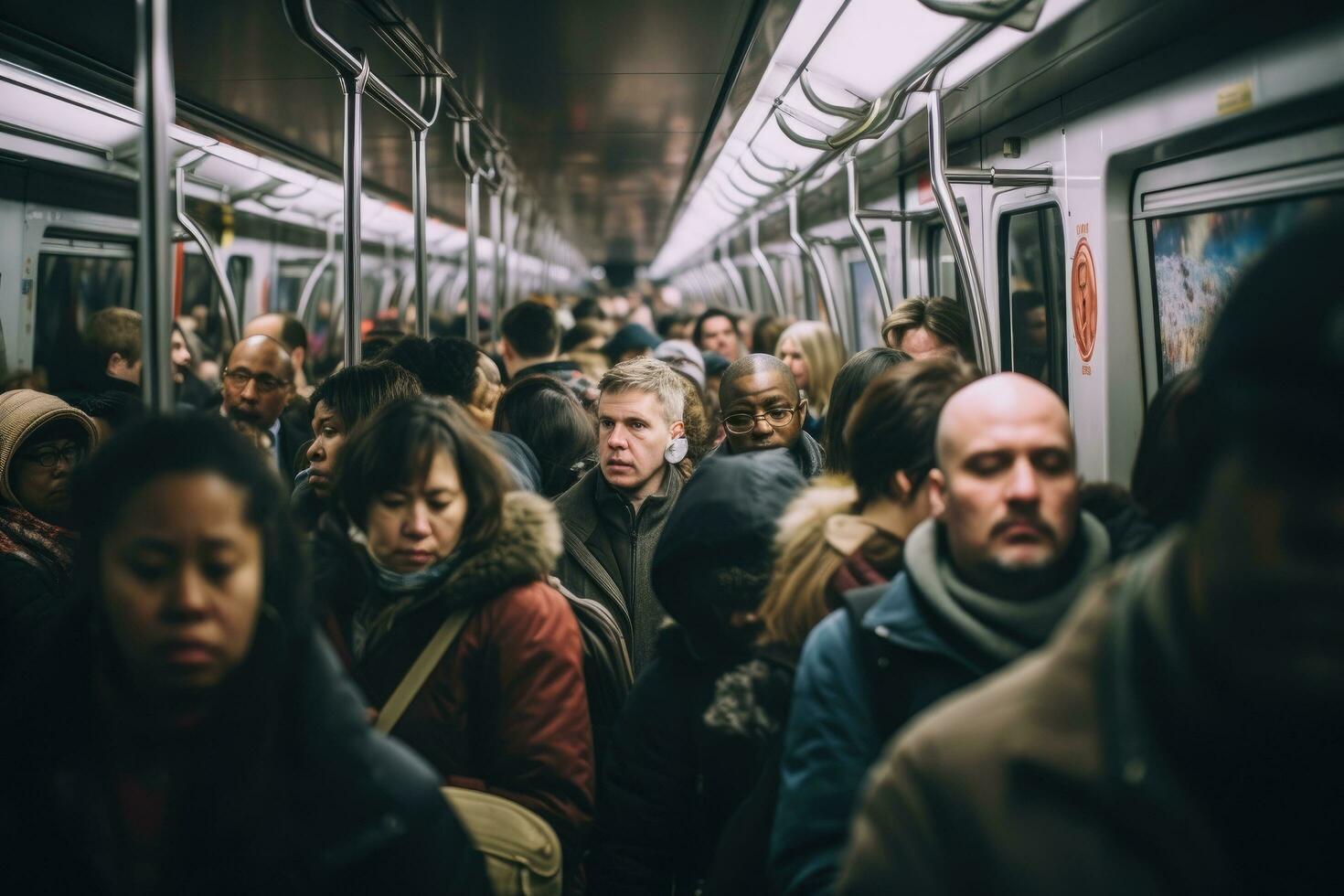 ai generiert Menschen Reisen im ein U-Bahn Wagen. Passagiere Innerhalb das U-Bahn Auto, ai generiert foto