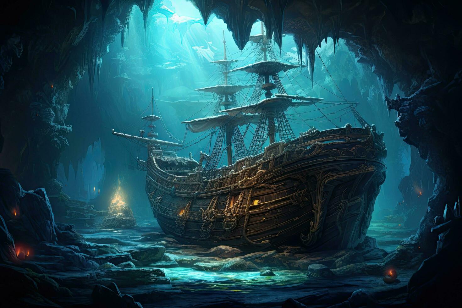 ai generiert Pirat Schiff im das dunkel Höhle. 3d Illustration. Fantasie, ai generiert foto
