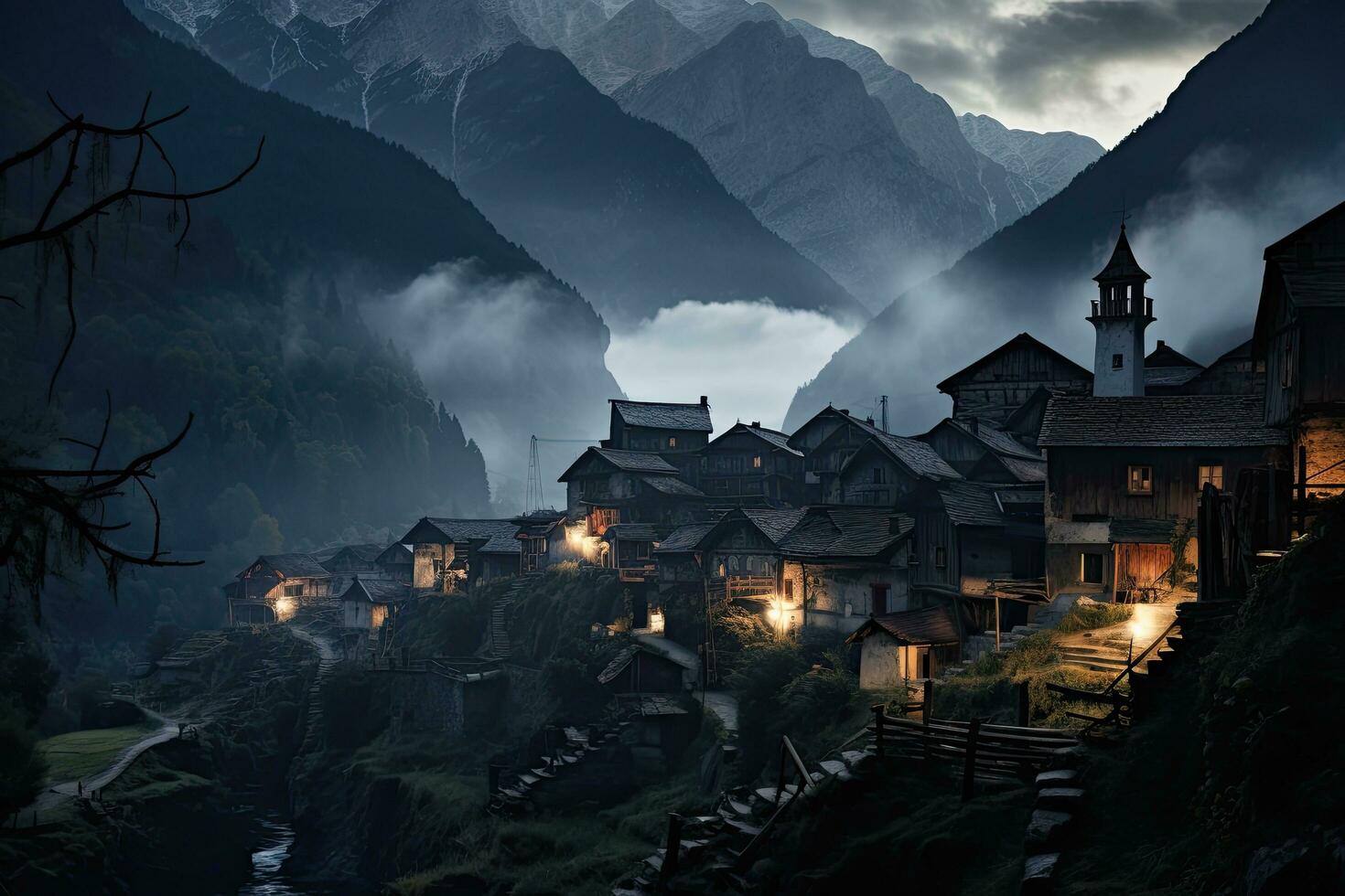 ai generiert hölzern Dorf im das Himalaya beim Nacht, Nepal, ai generiert foto