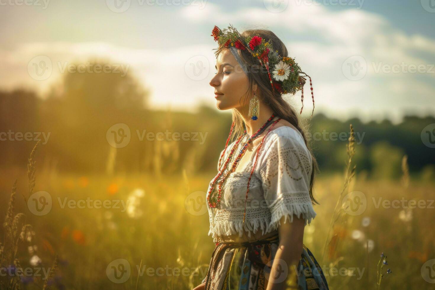 ai generiert slawisch Mädchen im Sommerkleid mit Blumen- Krone im ländlich Wiese. generieren ai foto