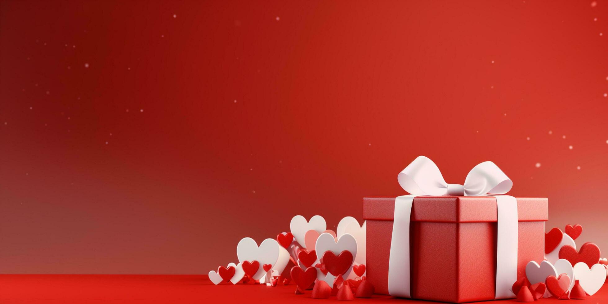 ai generiert Valentinsgrüße Tag Hintergrund mit Geschenk Box und rot Herzen. 3d Rendern glücklich Valentinstag Tag generiert ai foto