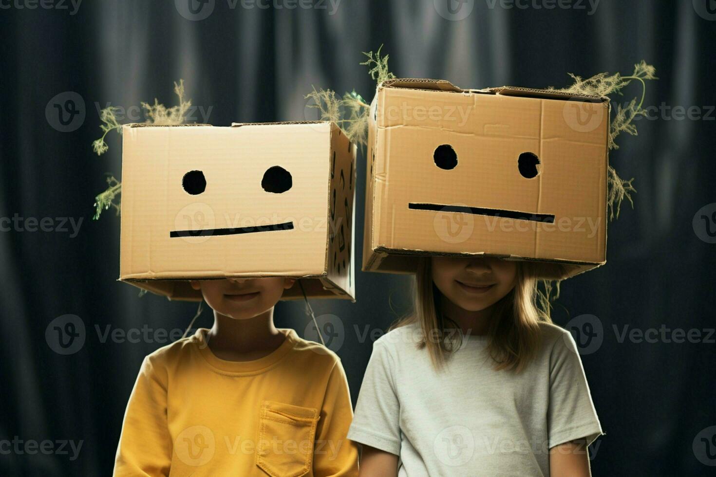 ai generiert kreativ abspielen zwei wenig Mädchen tragen Karton Kisten auf ihr Köpfe foto