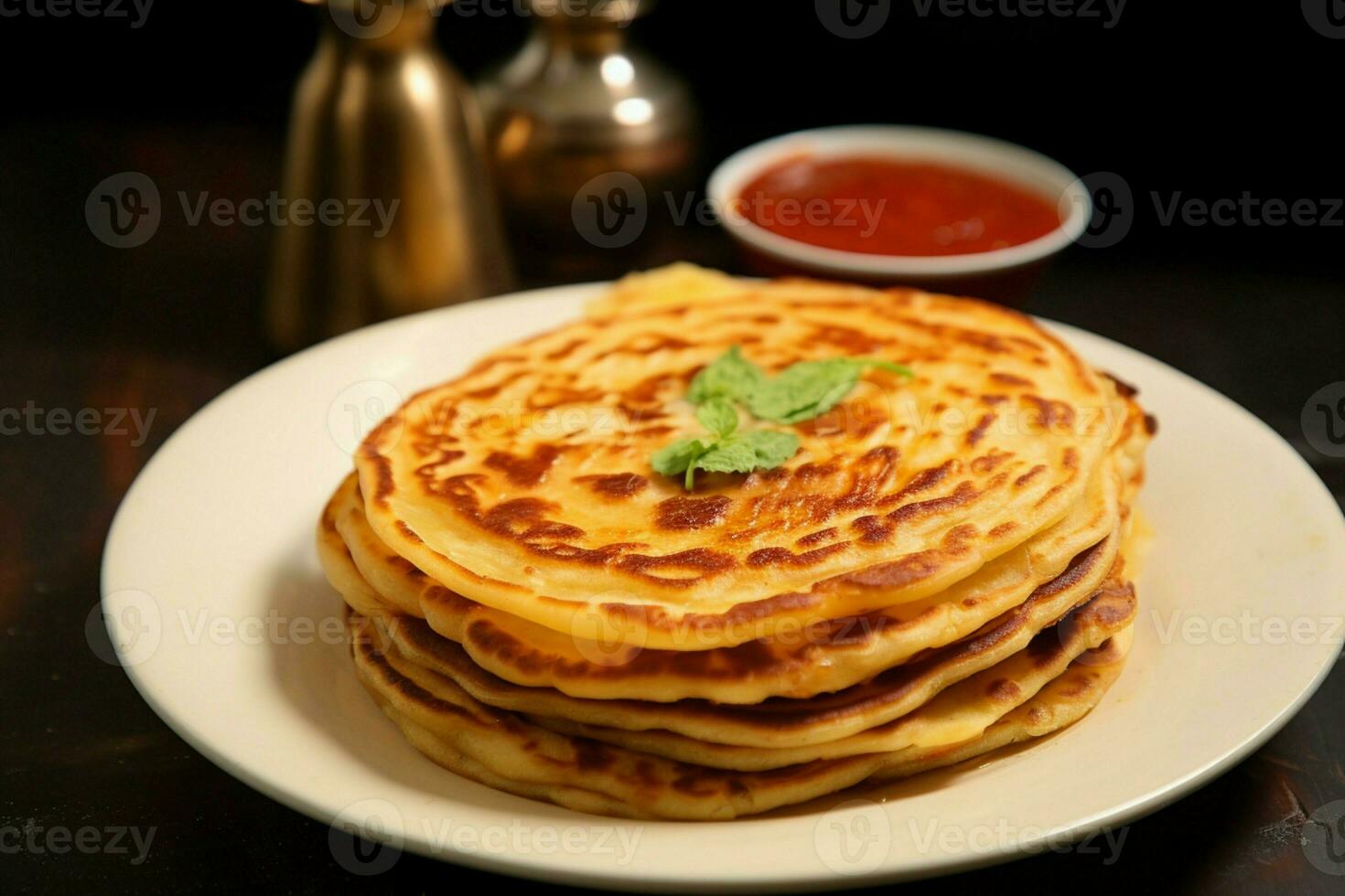 ai generiert Liebling Frühstück Paratha, Kanai, oder Roti Maryam auf ein Teller foto