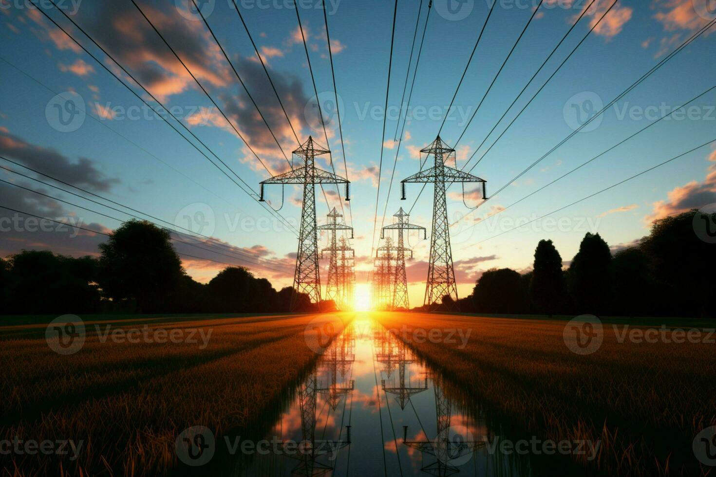 ai generiert hoch Stromspannung Leistung Linien übertragen Energie Über ein Sonnenaufgang Horizont foto