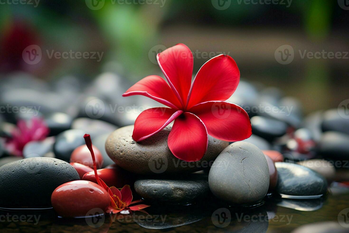 ai generiert Spa Ambiente rot Frangipani Blume inmitten beruhigend Anordnung von Spa Steine foto