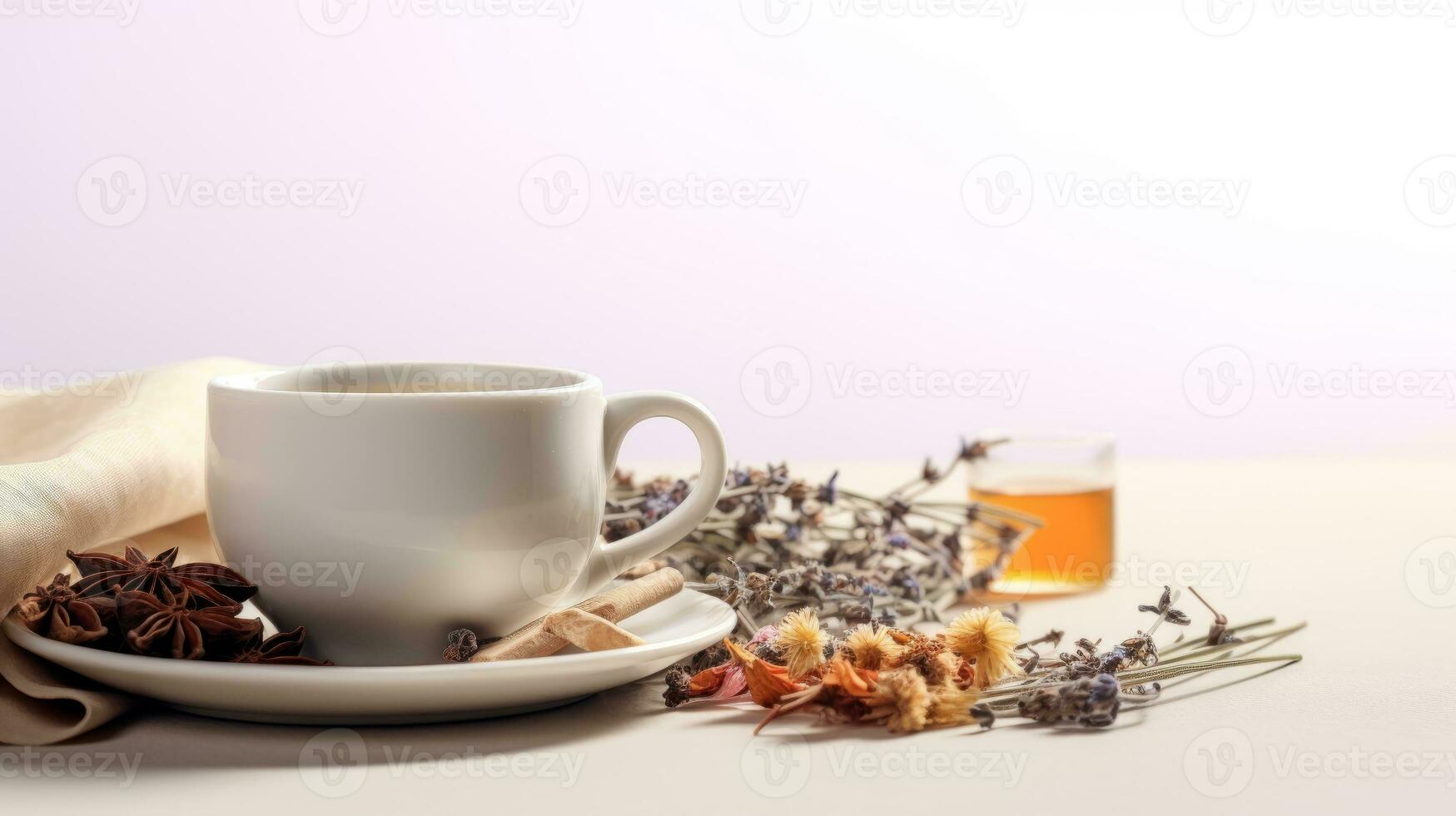 ai generiert ein gemütlich Szene von ein Tasse von Tee mit Gewürze und Blumen auf ein Tisch. foto