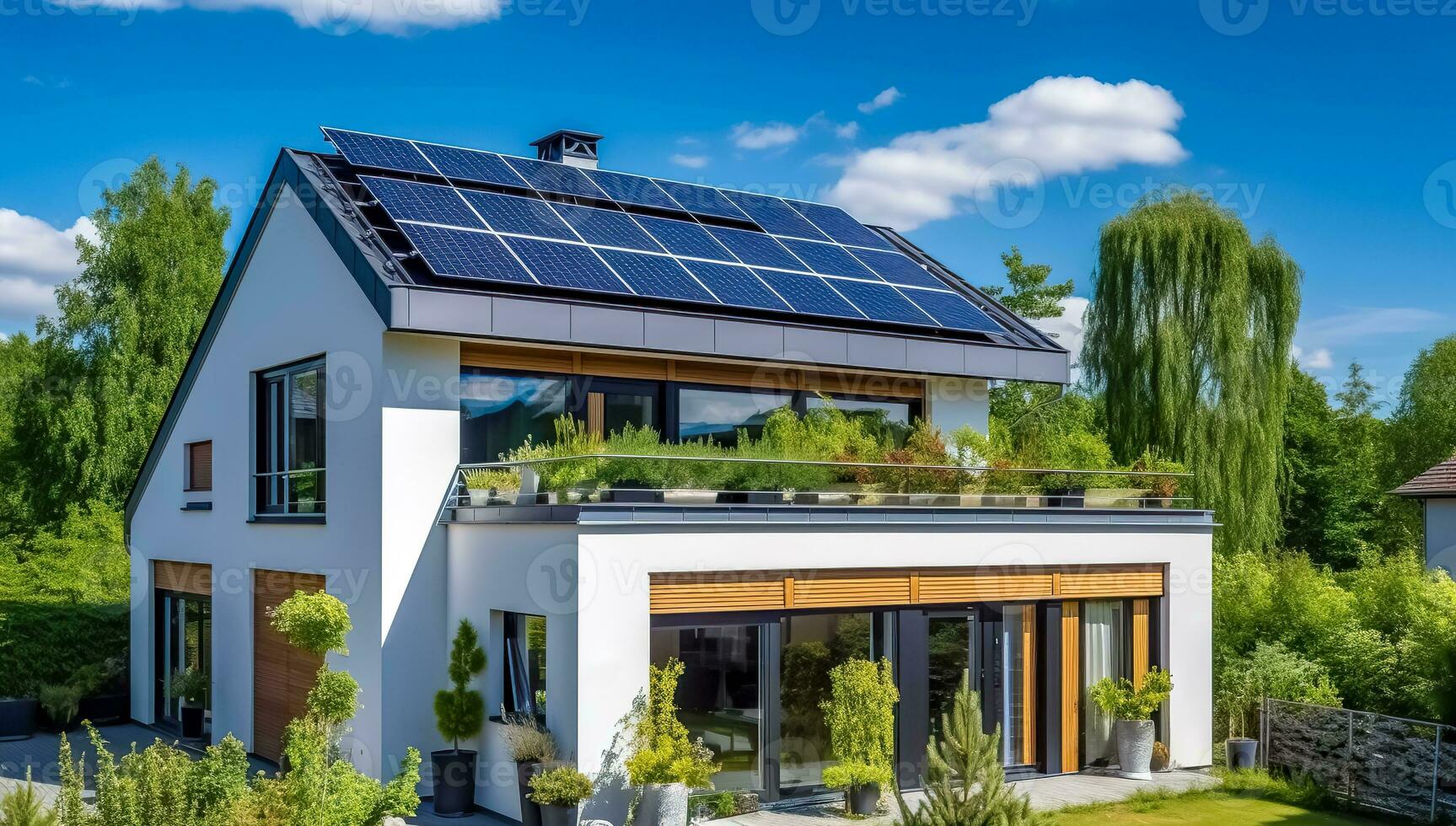 ai generiert nachhaltig Leben im ein modern solarbetrieben Zuhause mit ein Dach Garten Oase foto