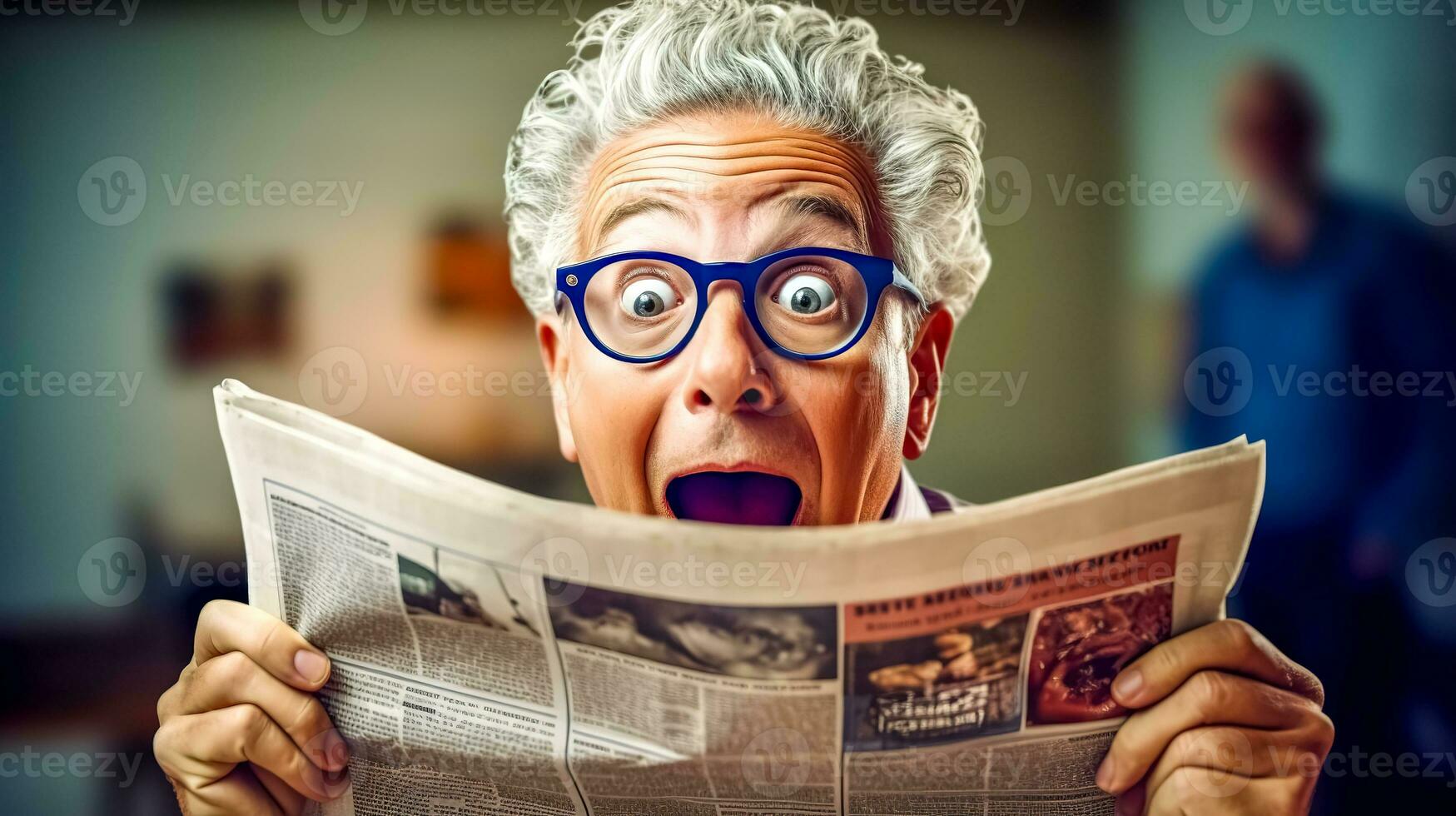 ai generiert überrascht Senior lesen ein Zeitung foto