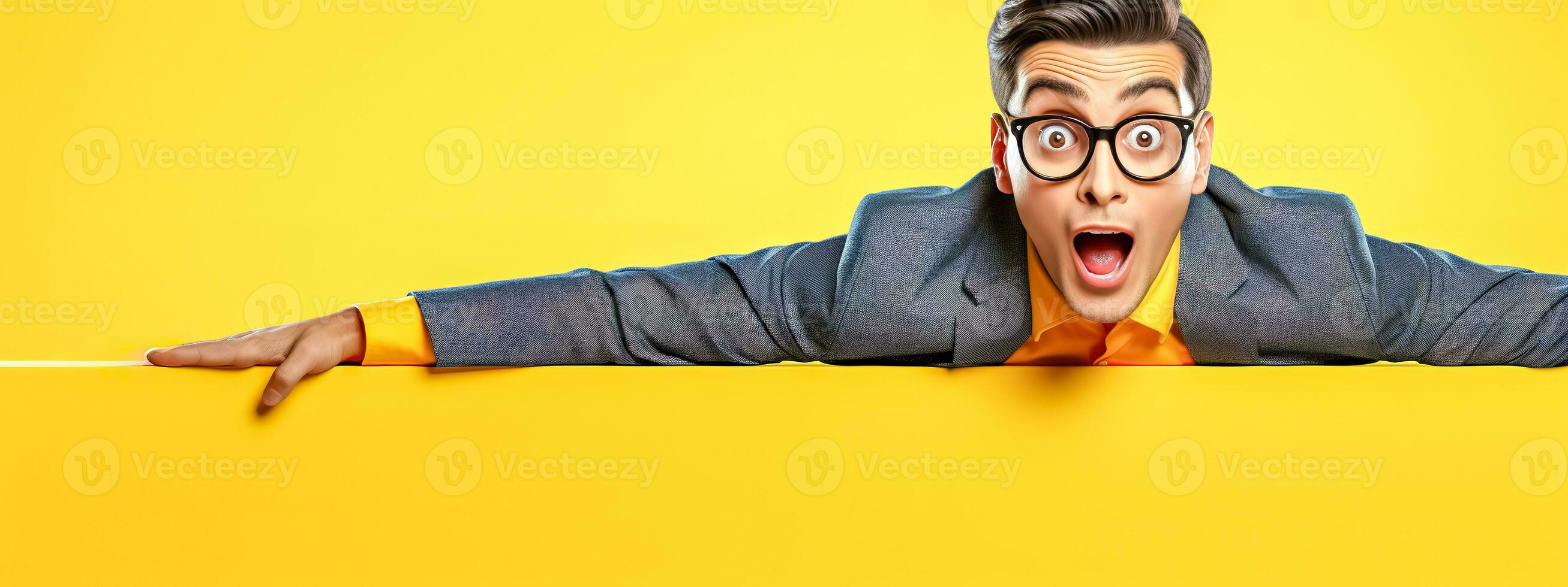 ai generiert Mann mit ein überrascht Ausdruck spähen Über ein horizontal Linie auf ein Gelb Hintergrund foto