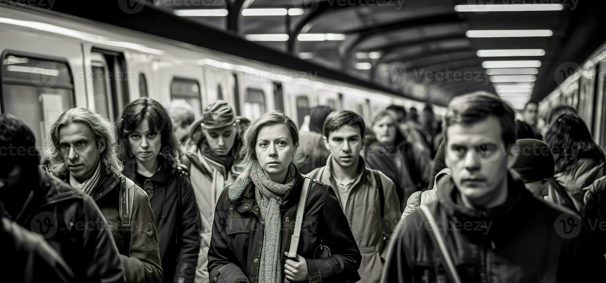 ai generiert Menschen im das U-Bahn im das eilen Stunde, ein schwarz und Weiß Banner foto