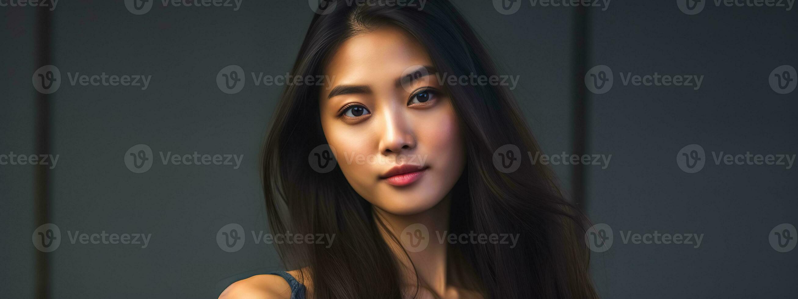 ai generiert Porträt von ein schön Brünette asiatisch Modell- im das Studio, Banner mit Kopieren Raum foto