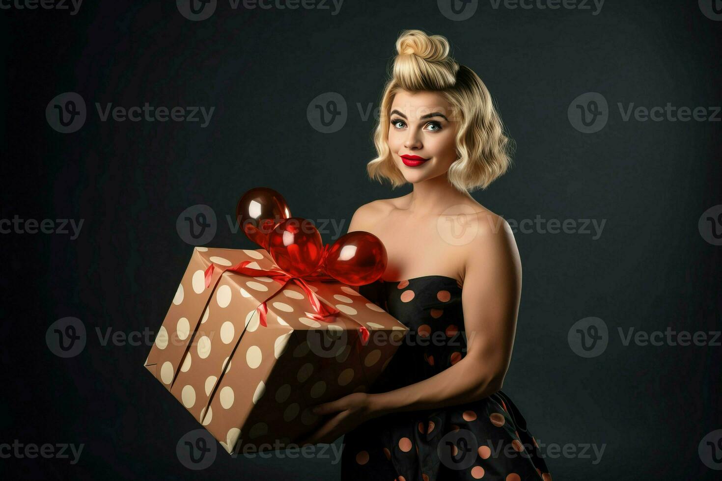 ai generiert nett suchen blond Frau mit Geschenk Box auf dunkel Hintergrund. generieren ai foto