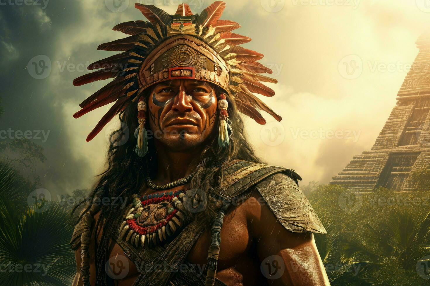 ai generiert verwittert aztekisch stark Mann alt Pyramide. generieren ai foto