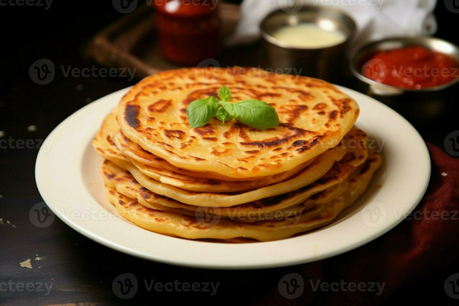 ai generiert Frühstück Freude Paratha, Kanai, oder Roti Maryam serviert auf Teller foto