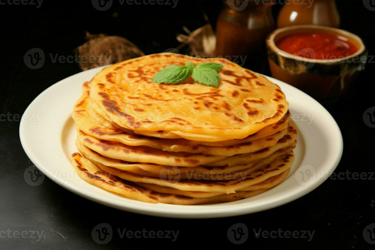 ai generiert Teller Präsentation Liebling Frühstück Gericht, Paratha, Kanai, oder Roti Maryam foto