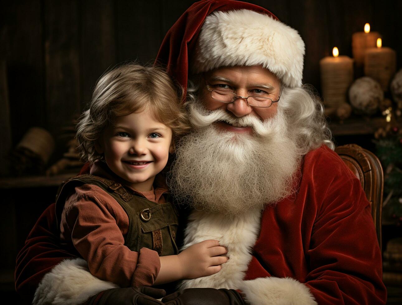 ai generiert glücklich Kind Treffen Santa claus auf Weihnachten foto