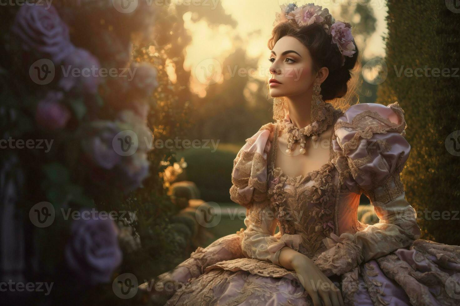 ai generiert schön jung Rokoko aristokratisch Dame im Blumen- Herzogin Kleidungsstück. generieren ai foto
