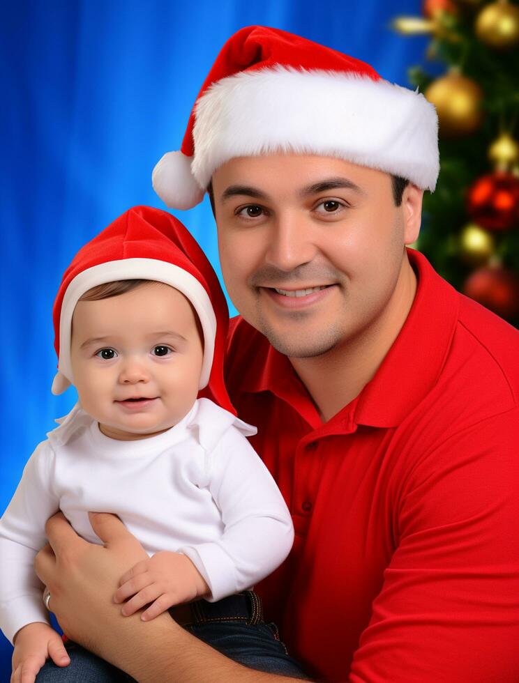 ai generiert ein Mann und Baby feiern Weihnachten foto