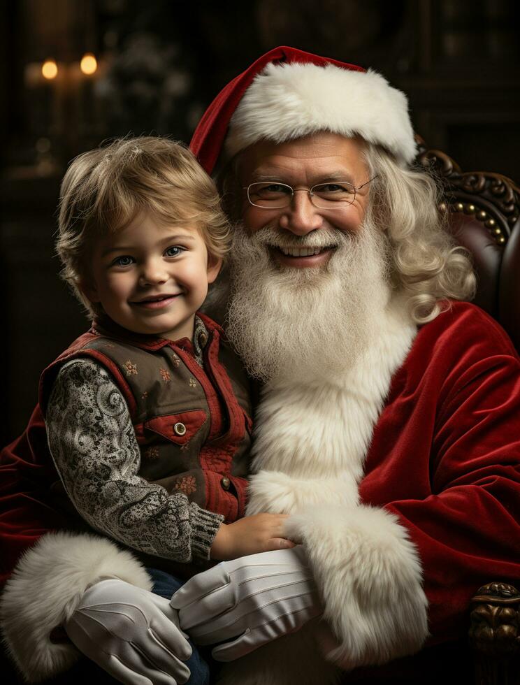 ai generiert glücklich Kind Treffen Santa claus auf Weihnachten foto