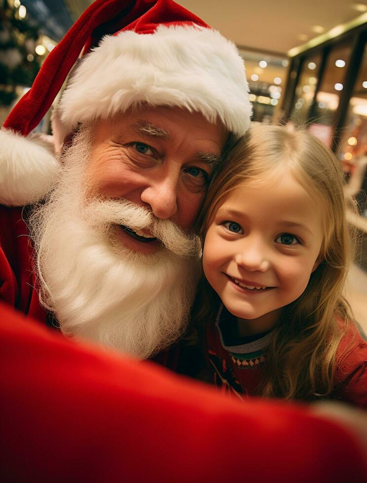 ai generiert glücklich Kind Treffen Santa claus auf Weihnachten foto