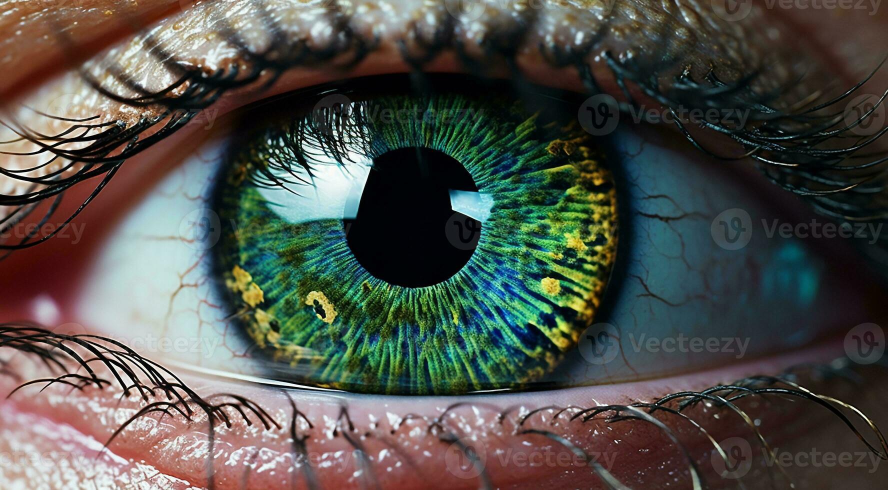 ai generiert schließen oben von ein weiblich Auge, Schüler von Auge, Nahansicht von Grün farbig Auge, farbig Auge, schön farbig Auge schließen oben foto