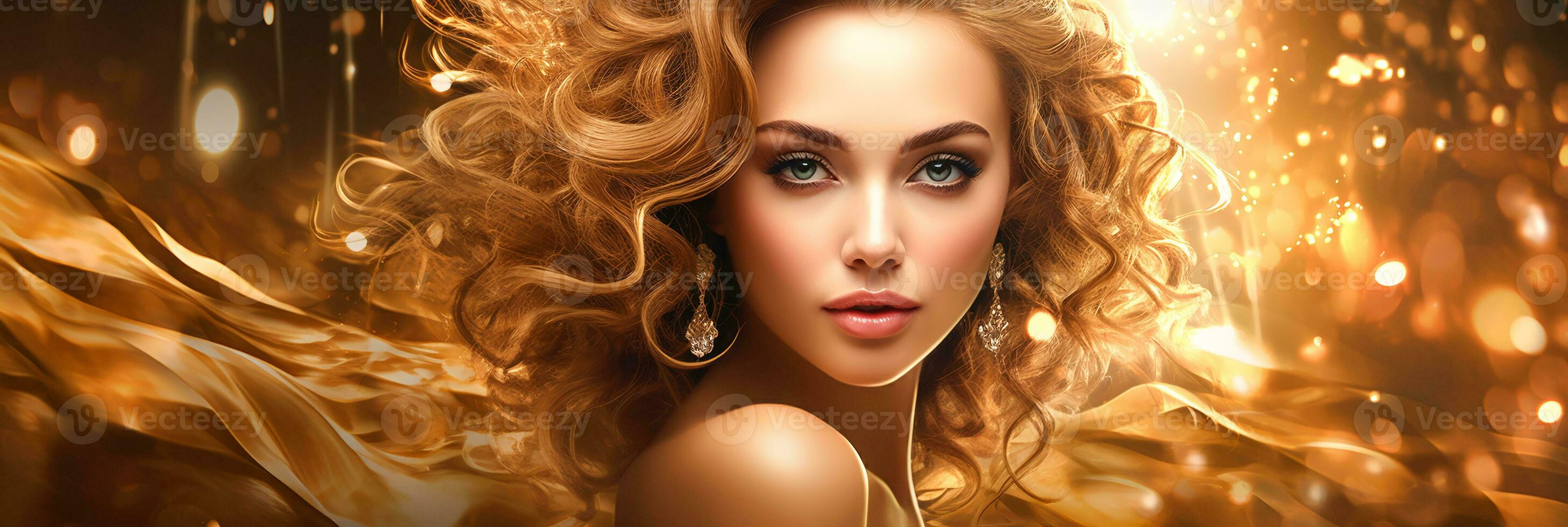 ai generiert Banner elegant Dame mit voluminös Haar, golden Töne, Ideal zum Schönheit und Mode Kampagnen foto