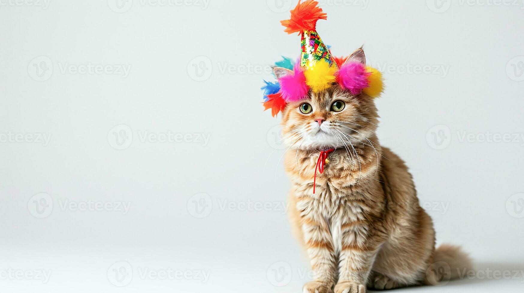 ai generiert Banner süß flauschige Tabby Katze tragen ein bunt Geburtstag Hut, Sitzung gegen ein Weiß Hintergrund, Ideal zum Einladungen oder Haustier Parteien foto