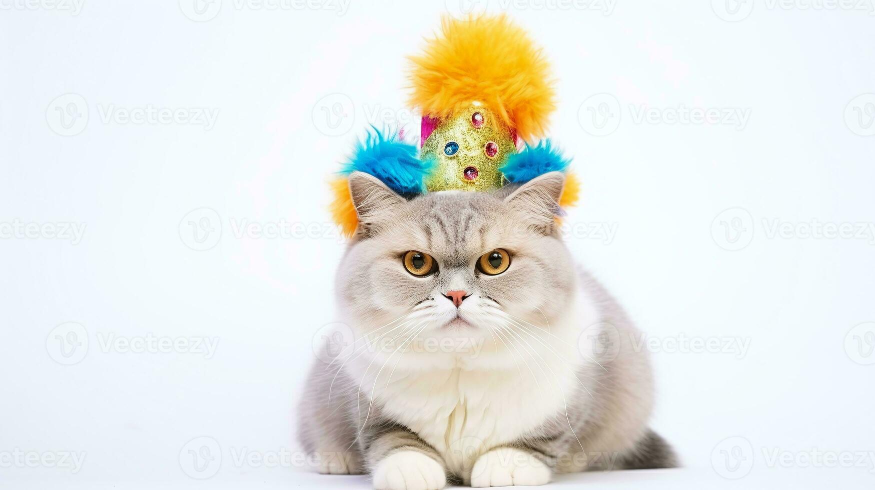 ai generiert grau Katze anziehen ein prickelnd Clown Hut mit Regenbogen Gefieder, suchen unbeeindruckt, Ideal zum humorvoll Geburtstag Einladungen und schrullig Haustier bekleidung Designs foto